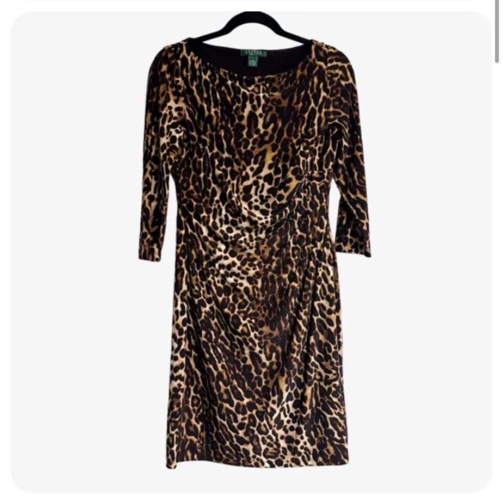 Ralph Lauren Leopard Animal Print Side Ruched 3/4 Sleeve Dress Size 10